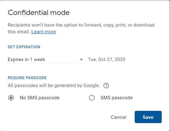 Confidential Mode with Passcode in Gmail