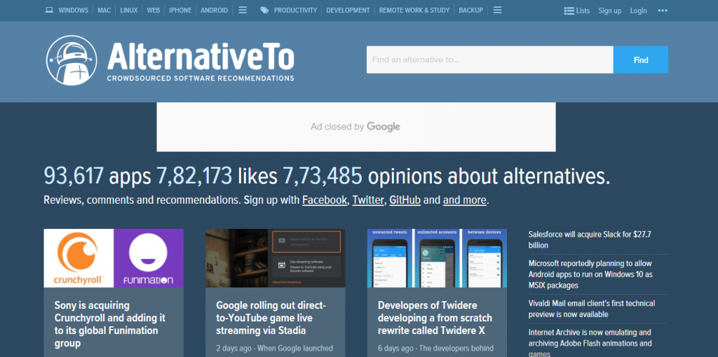 AlternativeTo helps to find alternative options available in the market for different apps.