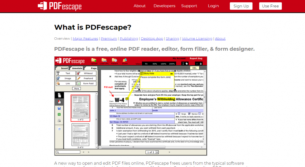 PDFescape is a free, online PDF reader, editor, form filler, & form designer.