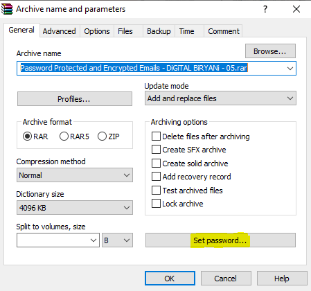 You’ll get various options to archive the file. Select the Set Password option from the various options. You can select the archive type(rar, zip, etc.) for the file from the drop-down of the Archive name.