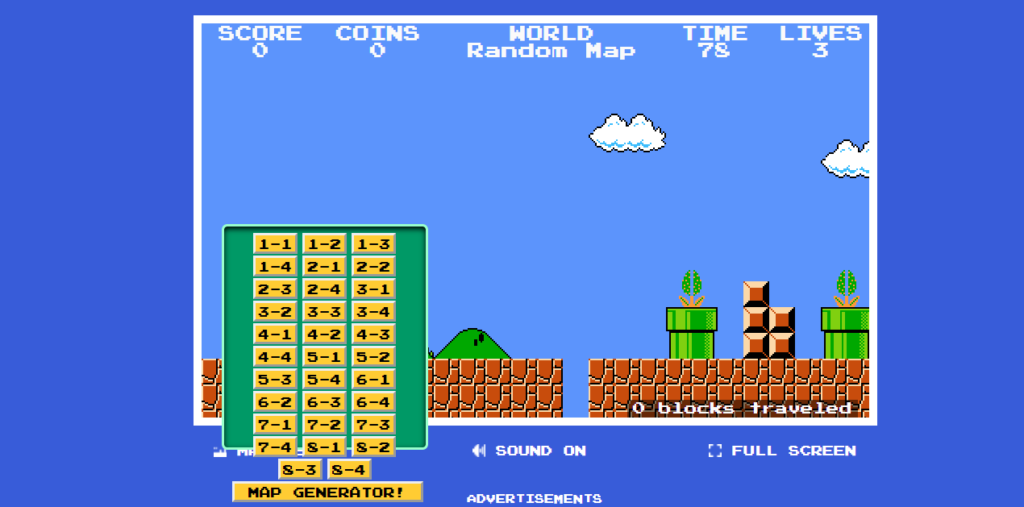 Play Super Mario Bros Online For Free. It has all the maps that were there in the original game. You can even select the random map using Map Generator!