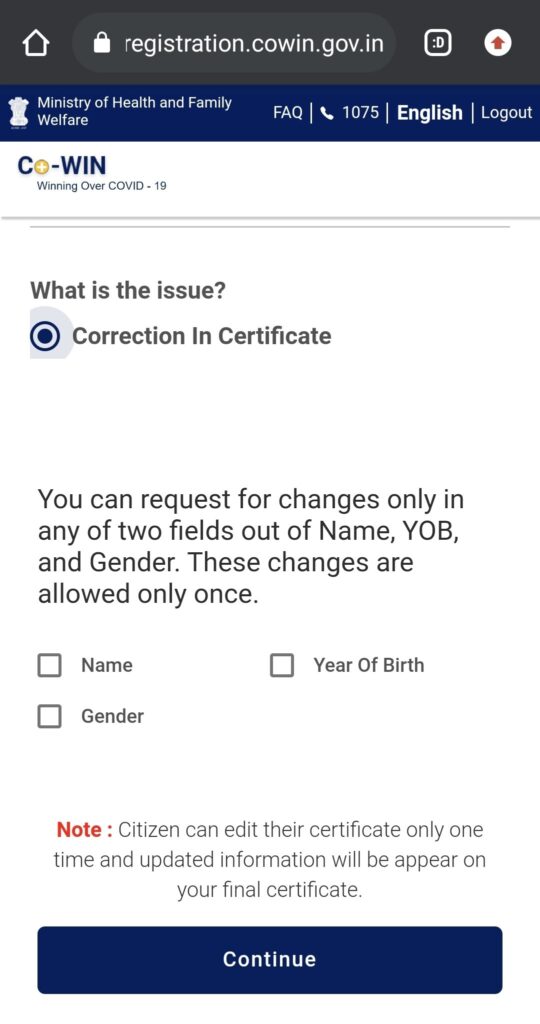 Select Correction In Certificate and choose the fields you want to correct on your certificate.