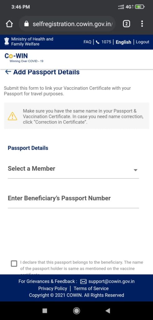 Link passport details in Covid19 vaccine certificate.