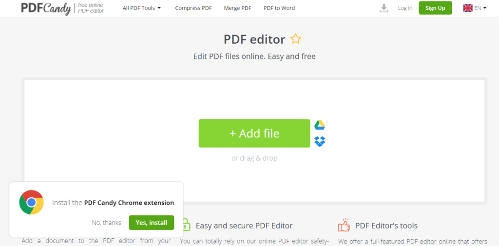 PDF Candy has offline and online versions available for PDF editing. The platform even has a Chrome Extension to provide direct PDF editing from Google Chrome. You can directly drag and drop the pdf file on the PDF Candy website to edit. There are various editing options available on the platform like hand tools, select tools, text tools, pencils, etc. Using the whiteout option, anyone can whiteout the unwanted things from confidential documents.