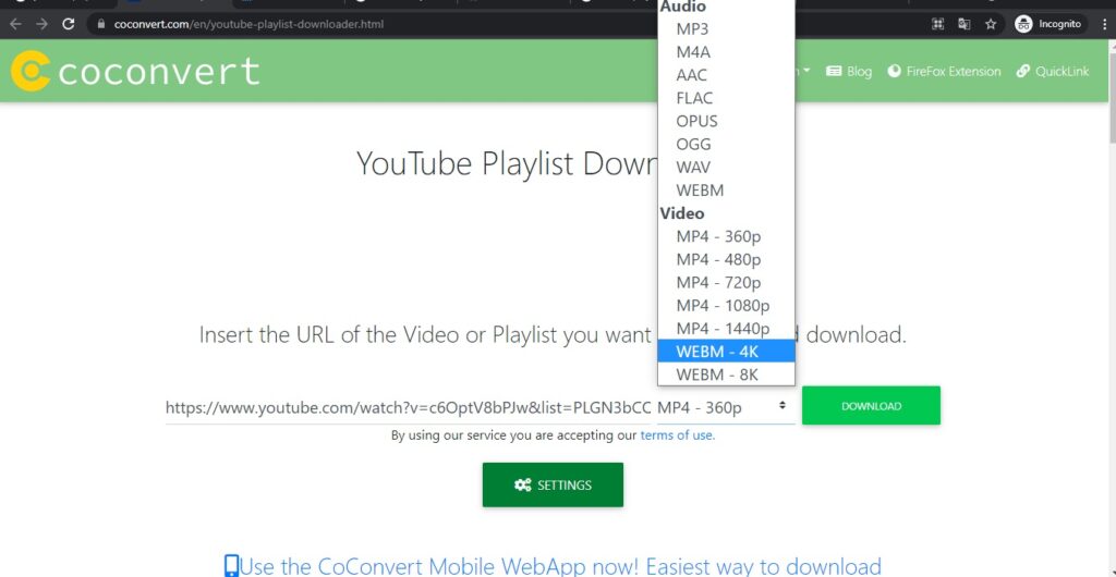 Paste the playlist link and select the format you want to download