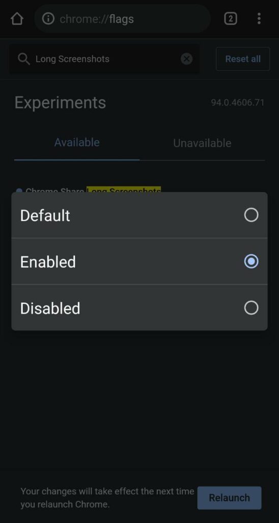 From the Long Screenshots chrome flag, select Enabled in the drop-down list.