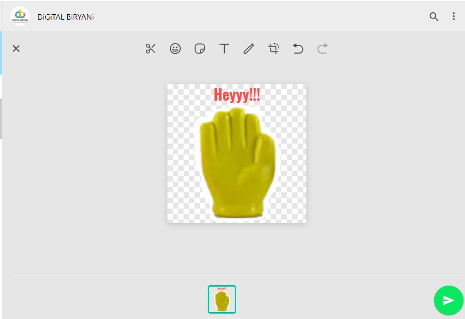  A screenshot of a WhatsApp chat with a yellow cartoon hand waving and the text "Heyyy!!!" above it. The chat is between two people, one of whom is named "Digital Biryani". The other person's name is not visible.