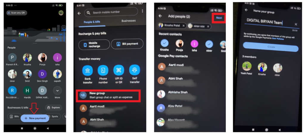 These steps are to create a Google Pay Group to split the bills.