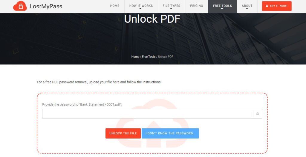 LostMyPass is a unique online pdf password remover platform that even allows you to unlock pdf files without password.
