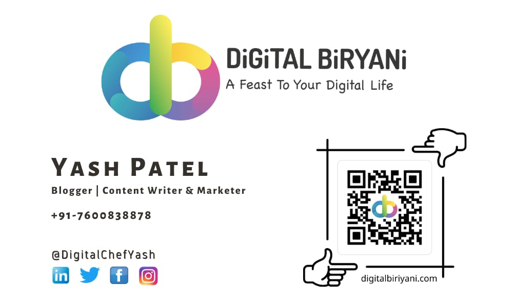 Yash Patel (DigitalChefYash) Digital Biryani Visiting Card having QR Code With Logo