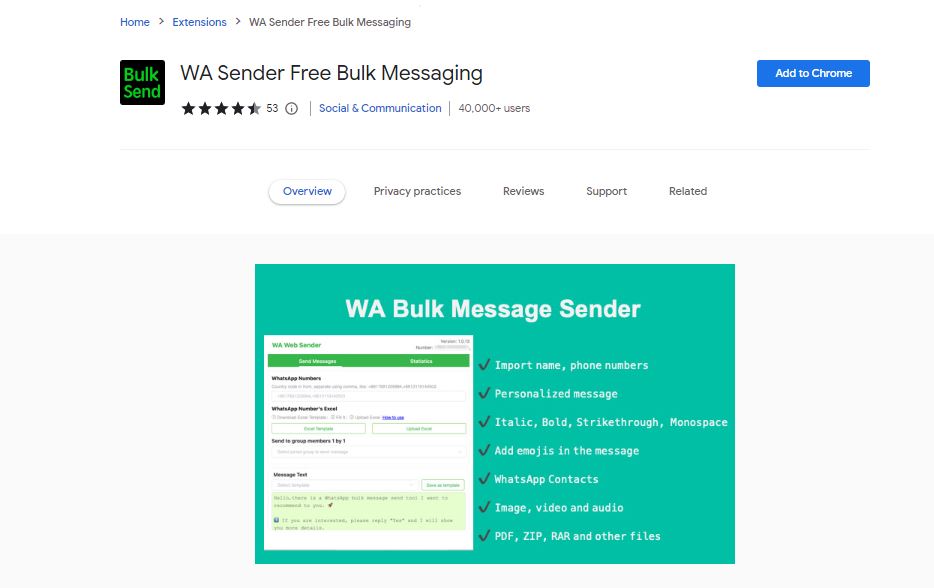 Best WhatsApp Web Chrome Extensions - WA Sender Free Bulk Messaging