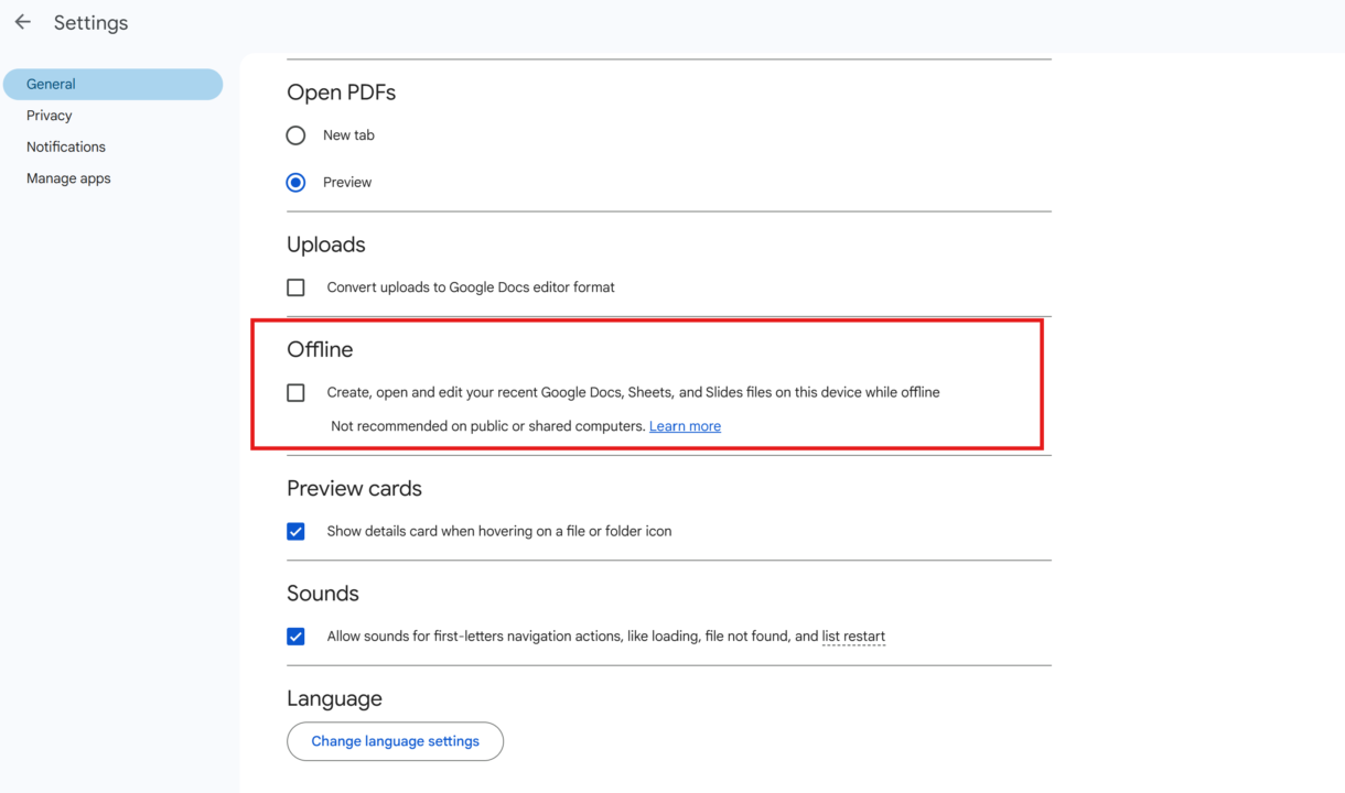 Disable Offline Mode for Google Docs and Sheets when using too much RAM